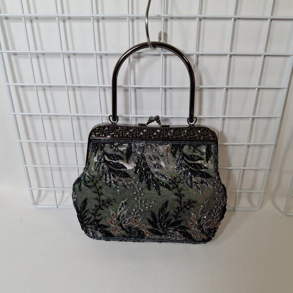 Vintage Small Tapestry Beaded Evening Purse Metal Top Handle, Crossbody Chain - Picture 3 of 16